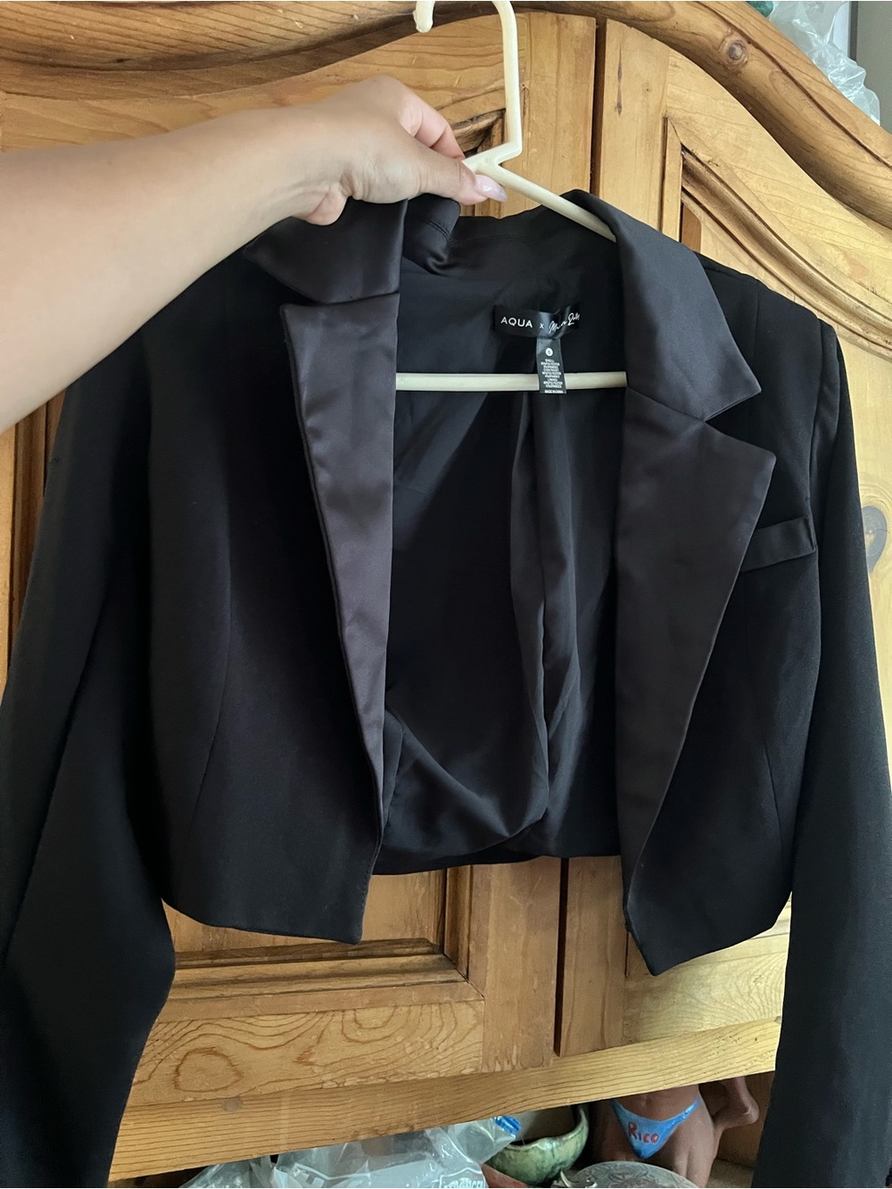 Aqua Black Satin-Trim Cropped Blazer